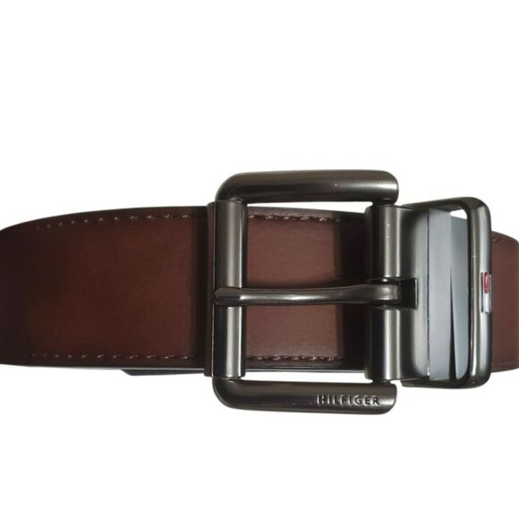 New Tommy Hilfiger Belt Brown Mens XL Gunmetal Buckle Synthetic Leather 1.5" W - Picture 5 of 11